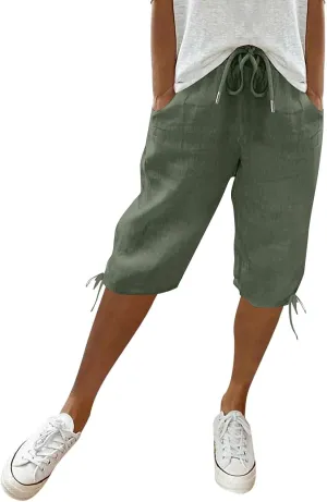 Yoga Pants Women Drawstring Cargo Summer Capri Pants for Women Stretch Loose Linen Cotton Womens Capris Petite