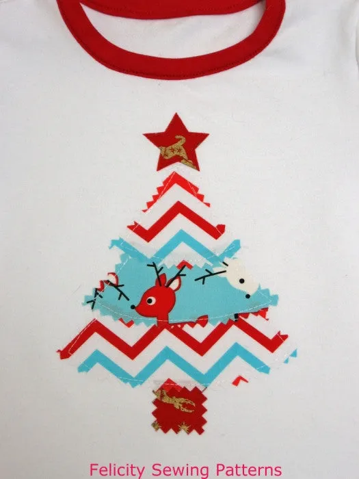 Z FREE PATTERN - Play Pants with Christmas tree applique, boys & girls sizes 1-10 yrs